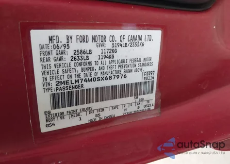 1995 Mercury Grand Marquis Gs from USA, damaged, VIN 2MELM74W0SX687976